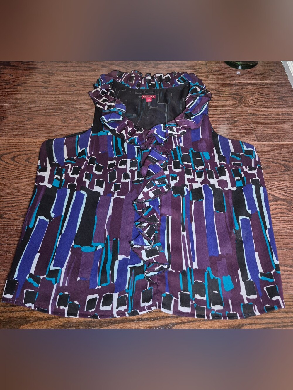 Merona Purple Geometric Ruffle-Front Camisole with Teal Accents